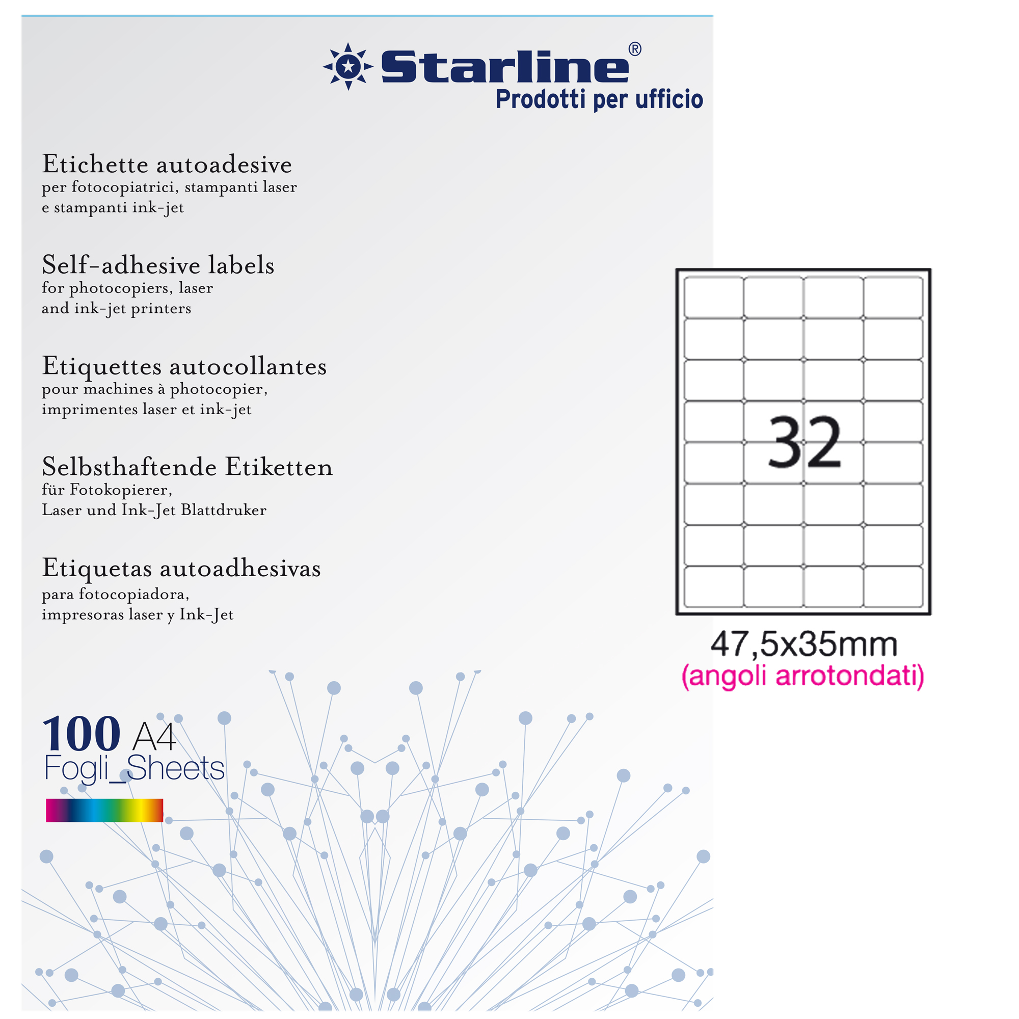 Etichette adesive - in carta - angoli arrotondati - permanenti - 47,5 x 35 mm - 32 et/fg - 100 fogli - bianco - Starline