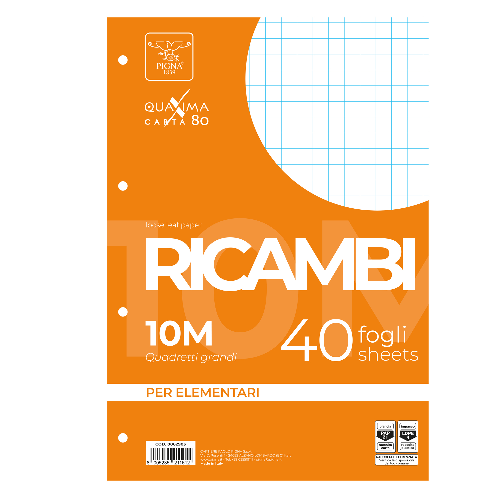 Ricambi forati Quaxima - A4 - 10 mm - 80 gr - Pigna - conf. 40 pezzi