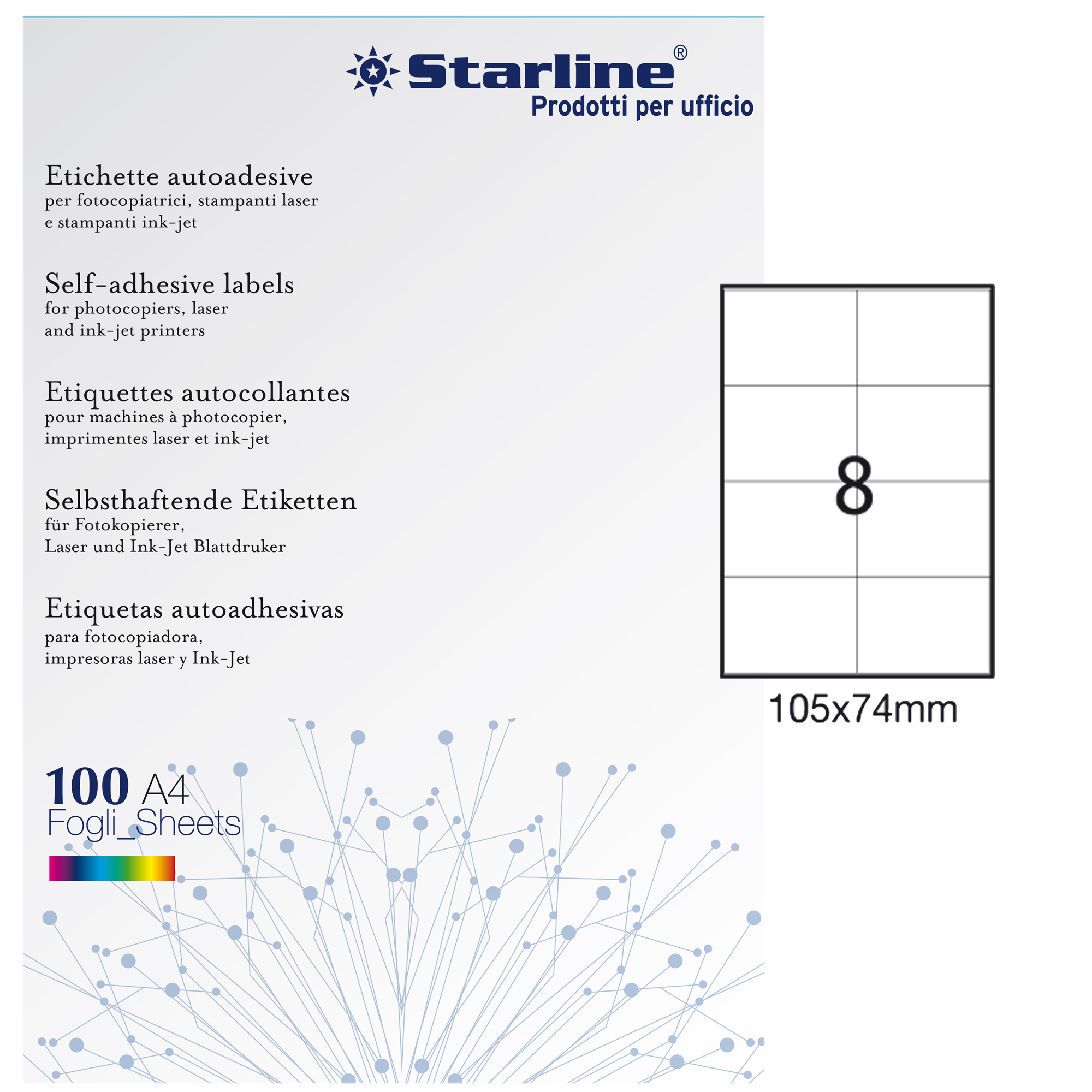 Etichette adesive - in carta - permanenti - 105 x 74 mm - 8 et/fg - 100 fogli - bianco - Starline
