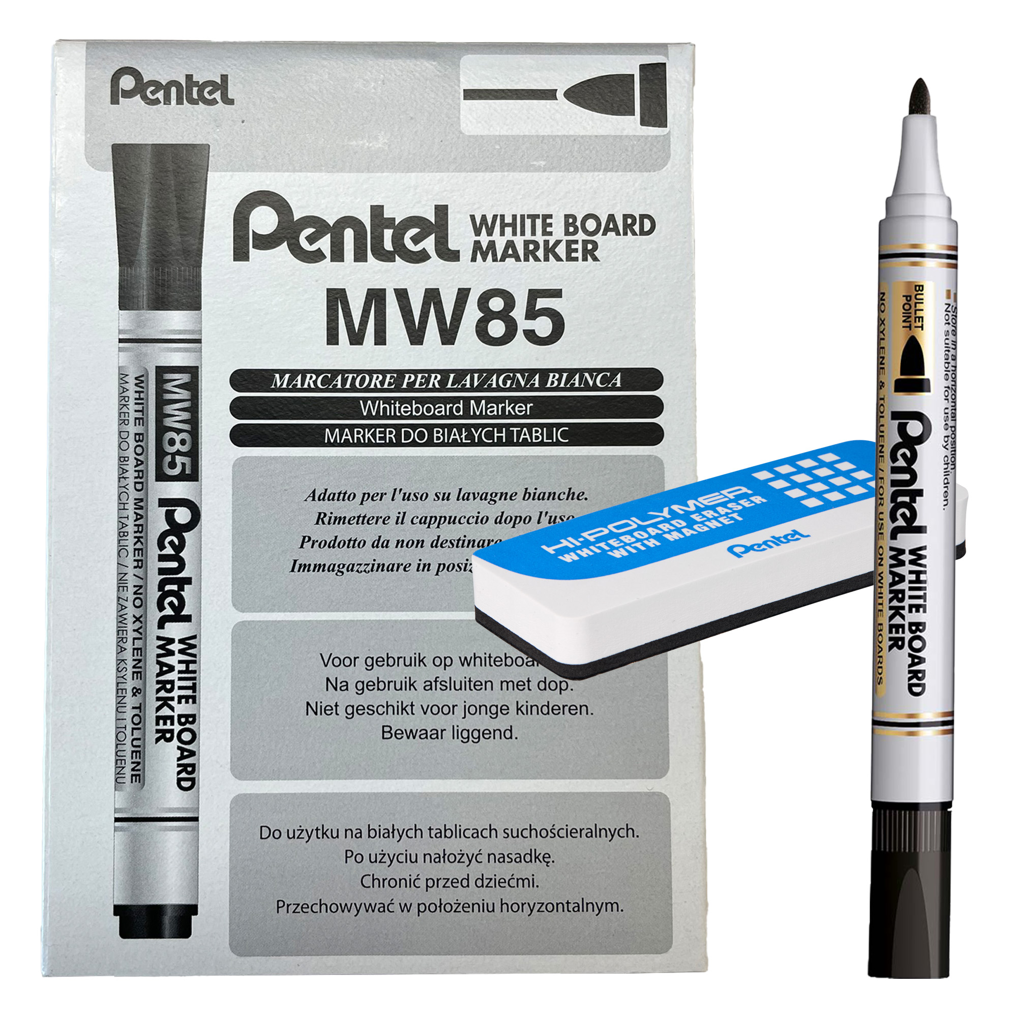Marcatore white board MW85 - nero - Pentel - bundle 12 pezzi + cancellino magnetico