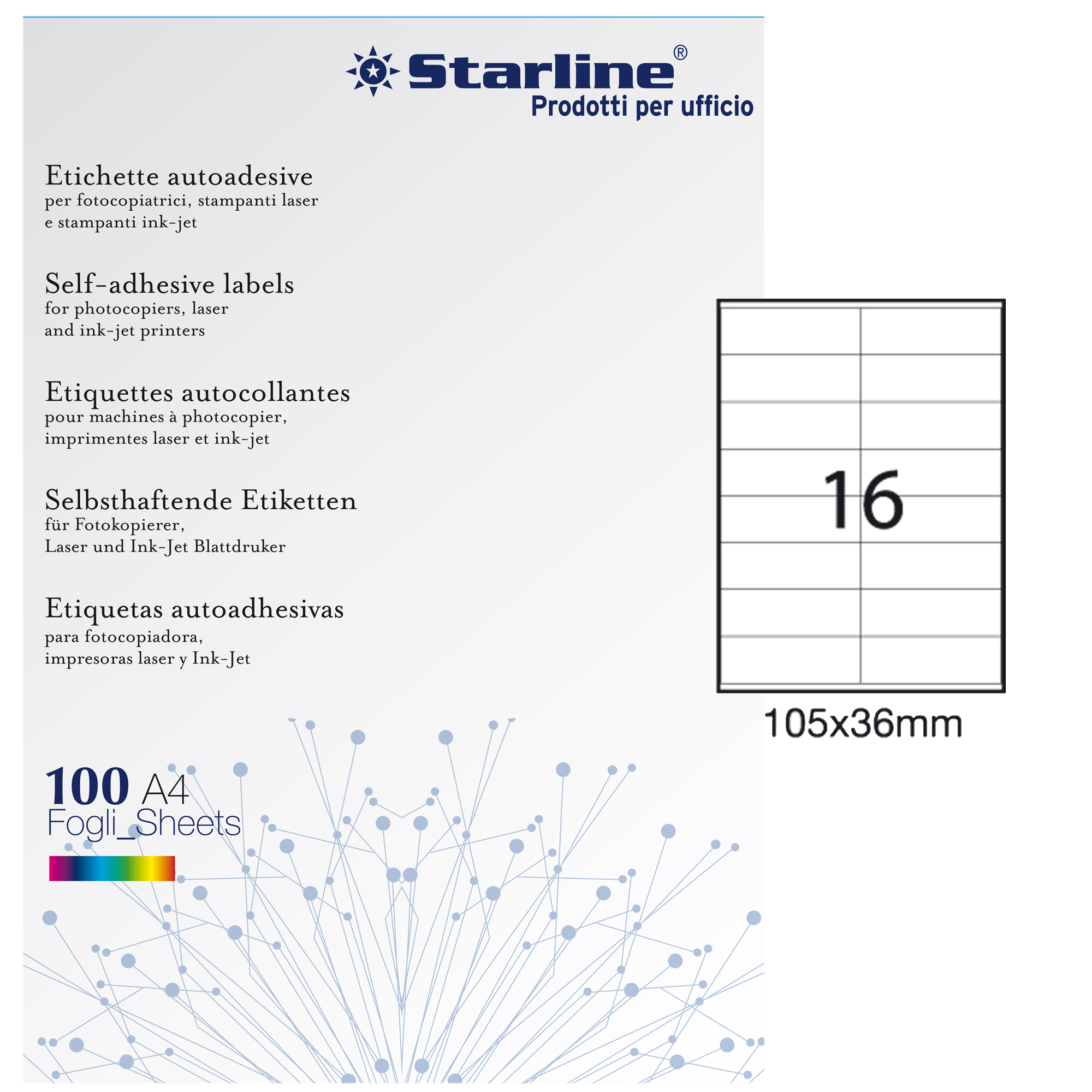 Etichette adesive - in carta - permanenti - 105 x 36 mm - 16 et/fg - 100 fogli - bianco - Starline