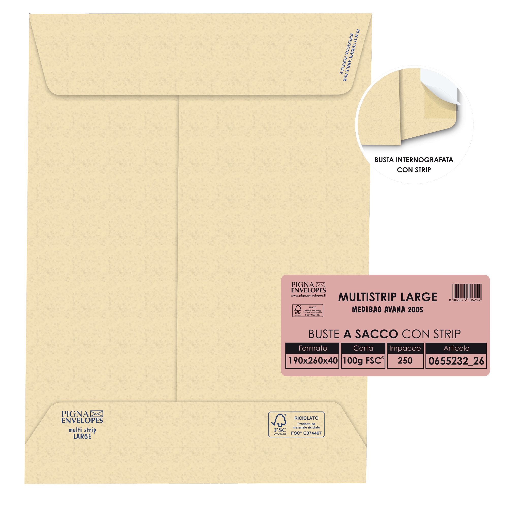 Busta a sacco Multi Strip Large - soffietti laterali - strip adesivo - 19 x 26 x 4 cm - 100 gr - carta riciclata FSC  - avana - Pigna Envelopes - conf. 250 pezzi
