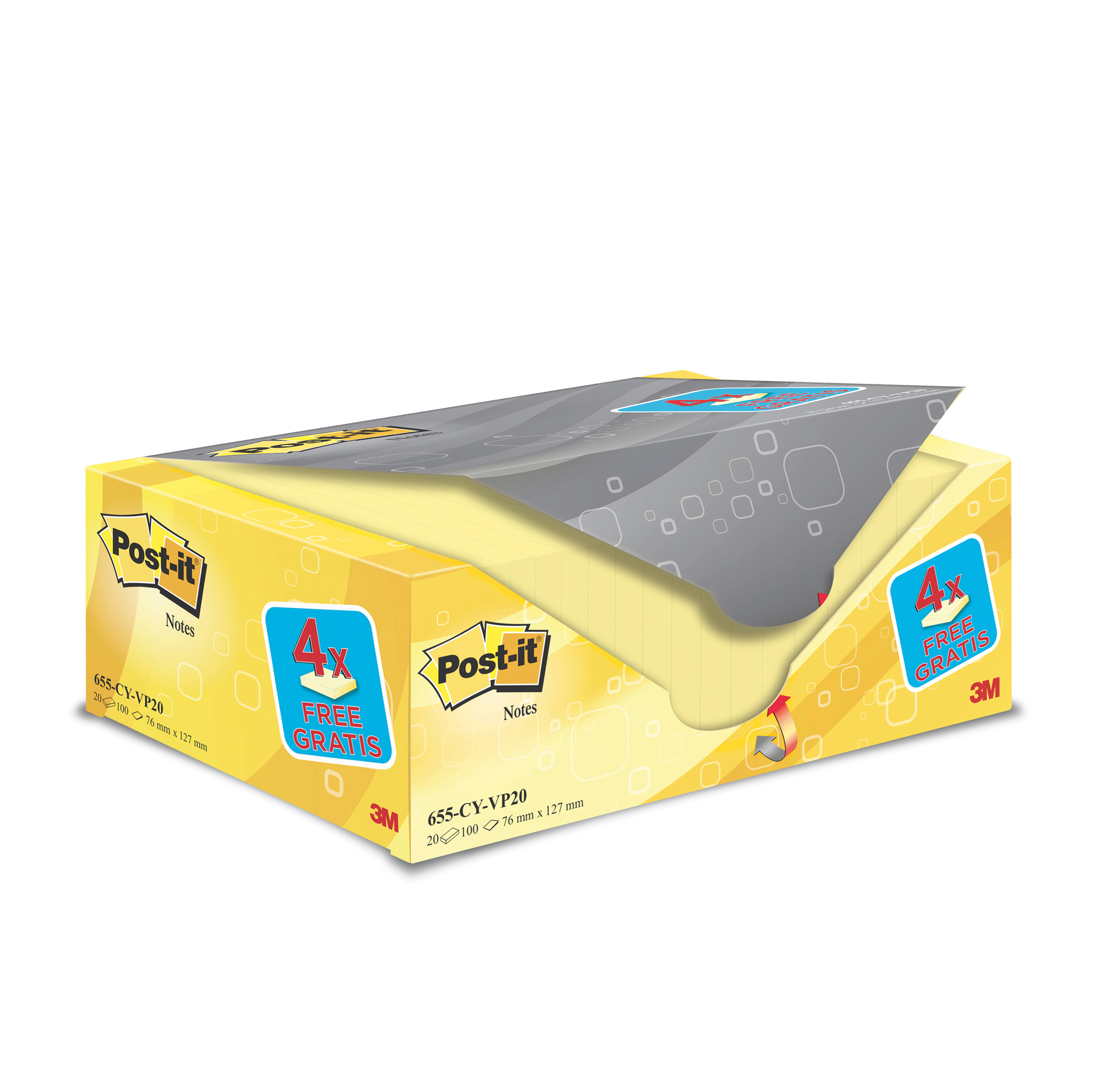 Blocco foglietti Post-it - 655CY-VP20 - 76 x 127 mm - 72 gr - giallo Canary - Post-it - conf. 20 blocchi