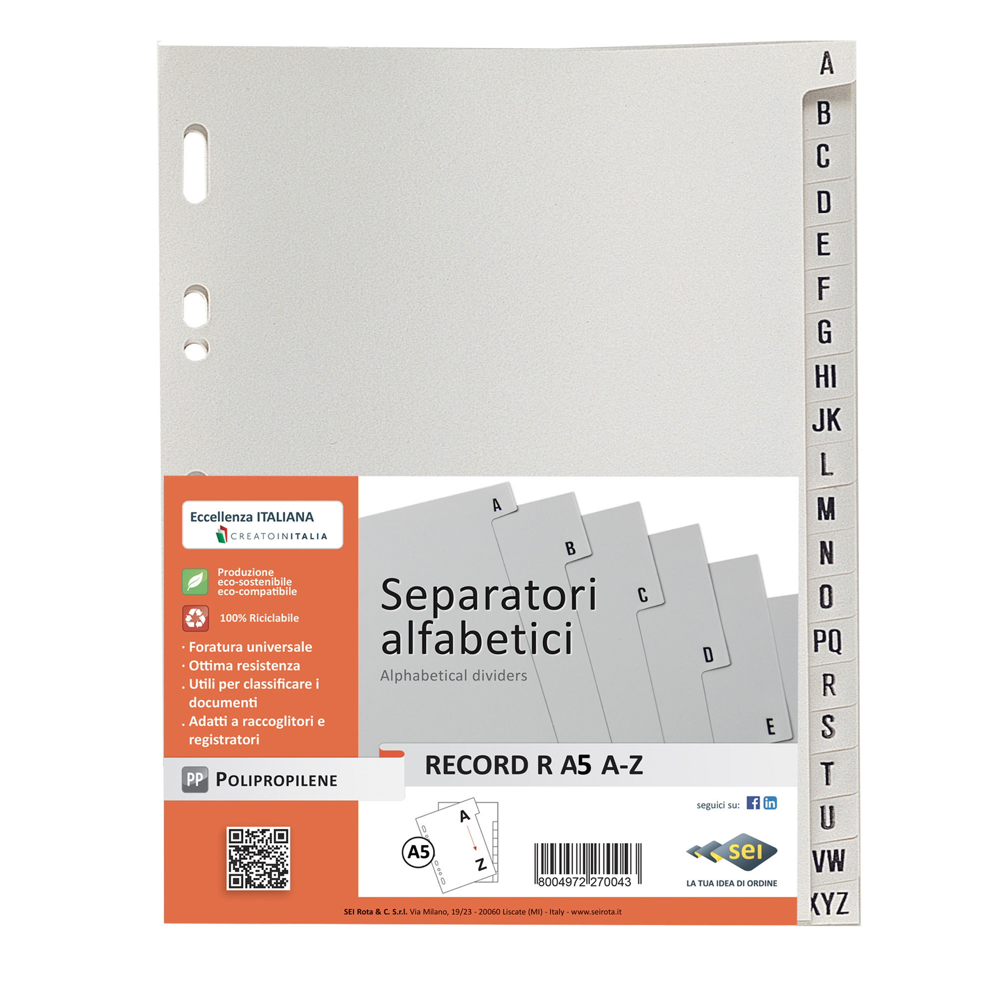 Separatore alfabetico A/Z Record R - PP - 15x21 cm - A5 - grigio - Sei Rota