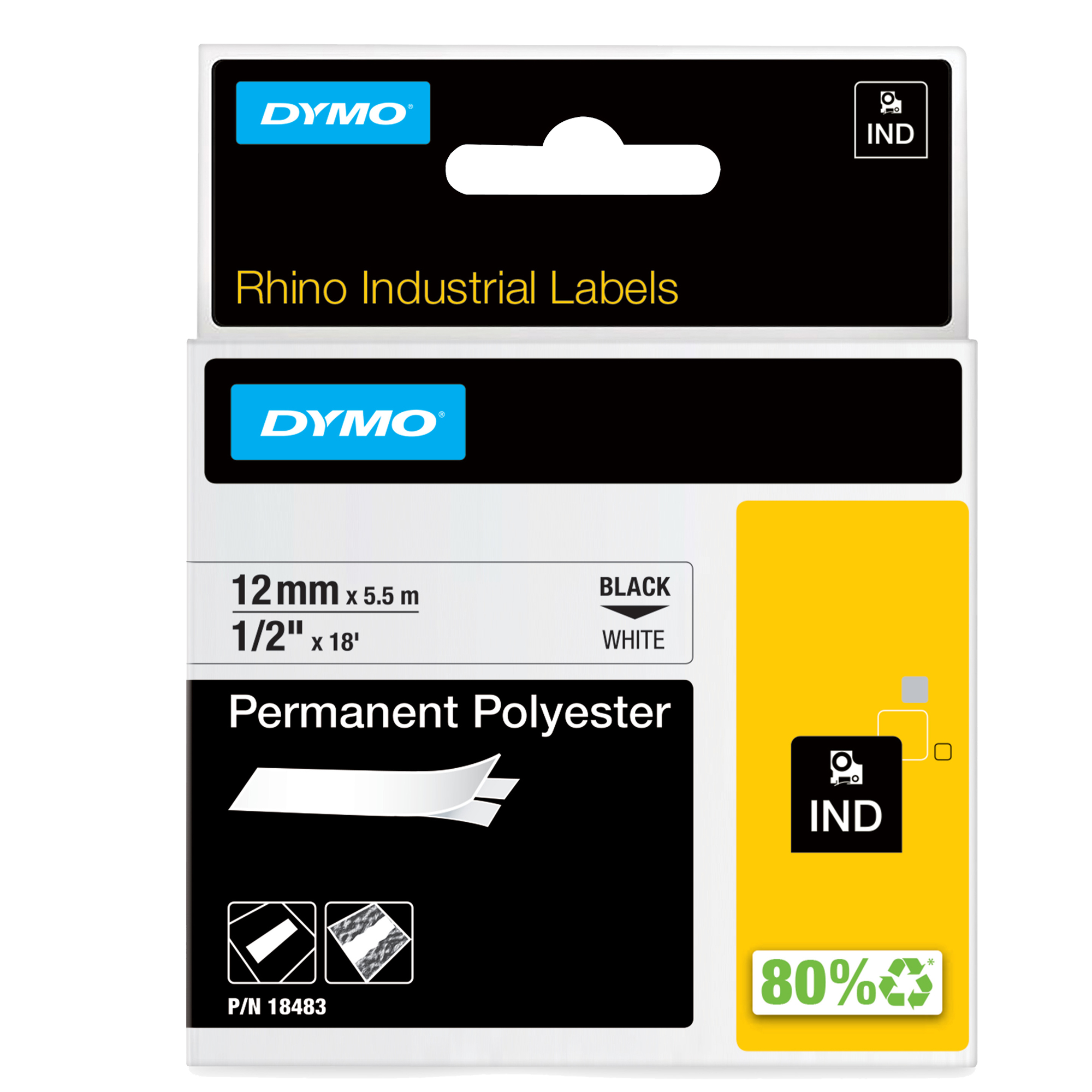Nastro Rhino 18483 - 12 mm x 5,5 mt - poliestere - permanente - nero/bianco - Dymo