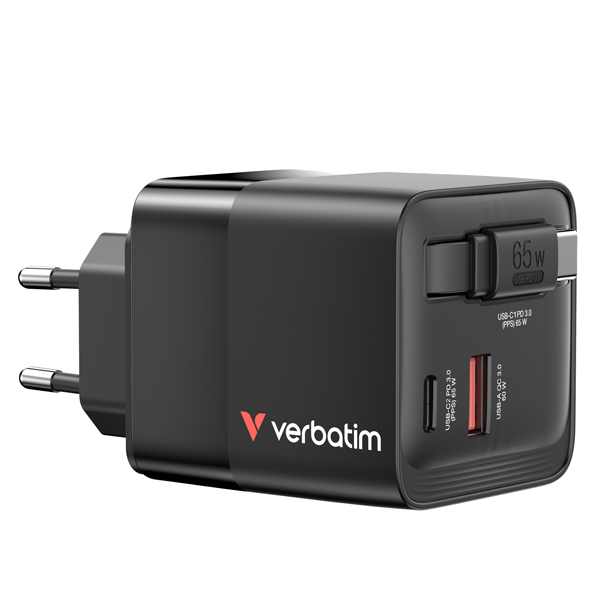 Caricabatterie - da muro - GaN - 65W - 2 porte - con cavo retrattile -Verbatim