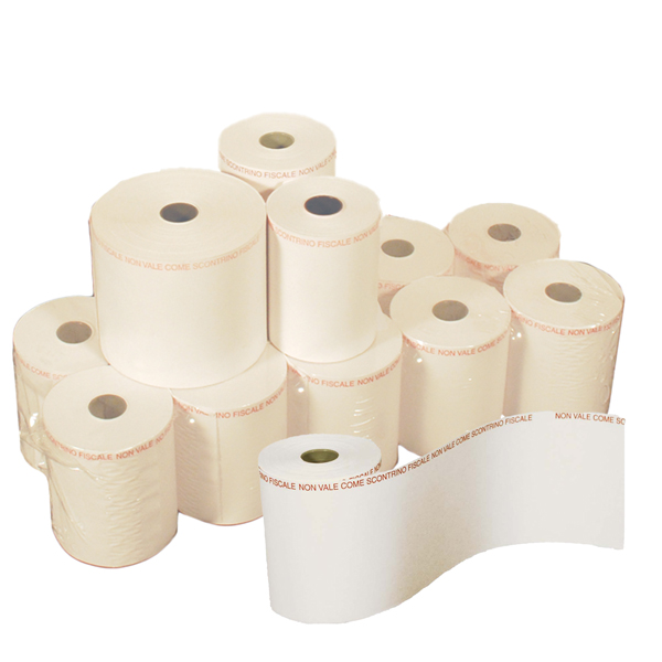 Rotolo per POS e carta di credito - 57 mm x 20 m - 53 gr - diametro esterno 64 mm - anima 12 mm - carta chimica a 2 copie - Sabacart - blister 10 pezzi