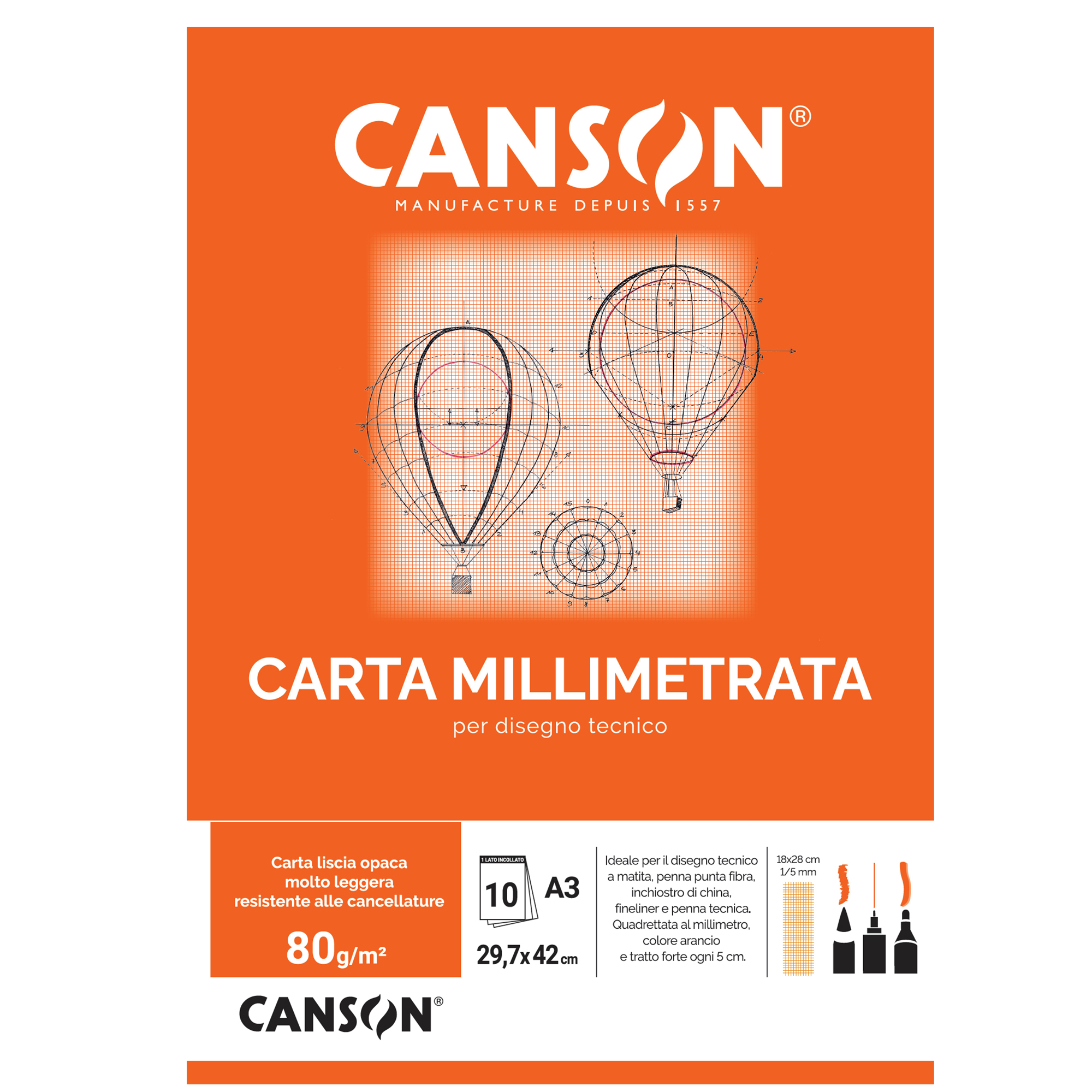 Blocco carta opaca millimetrata - A3 - 10 fogli - 80gr - Canson