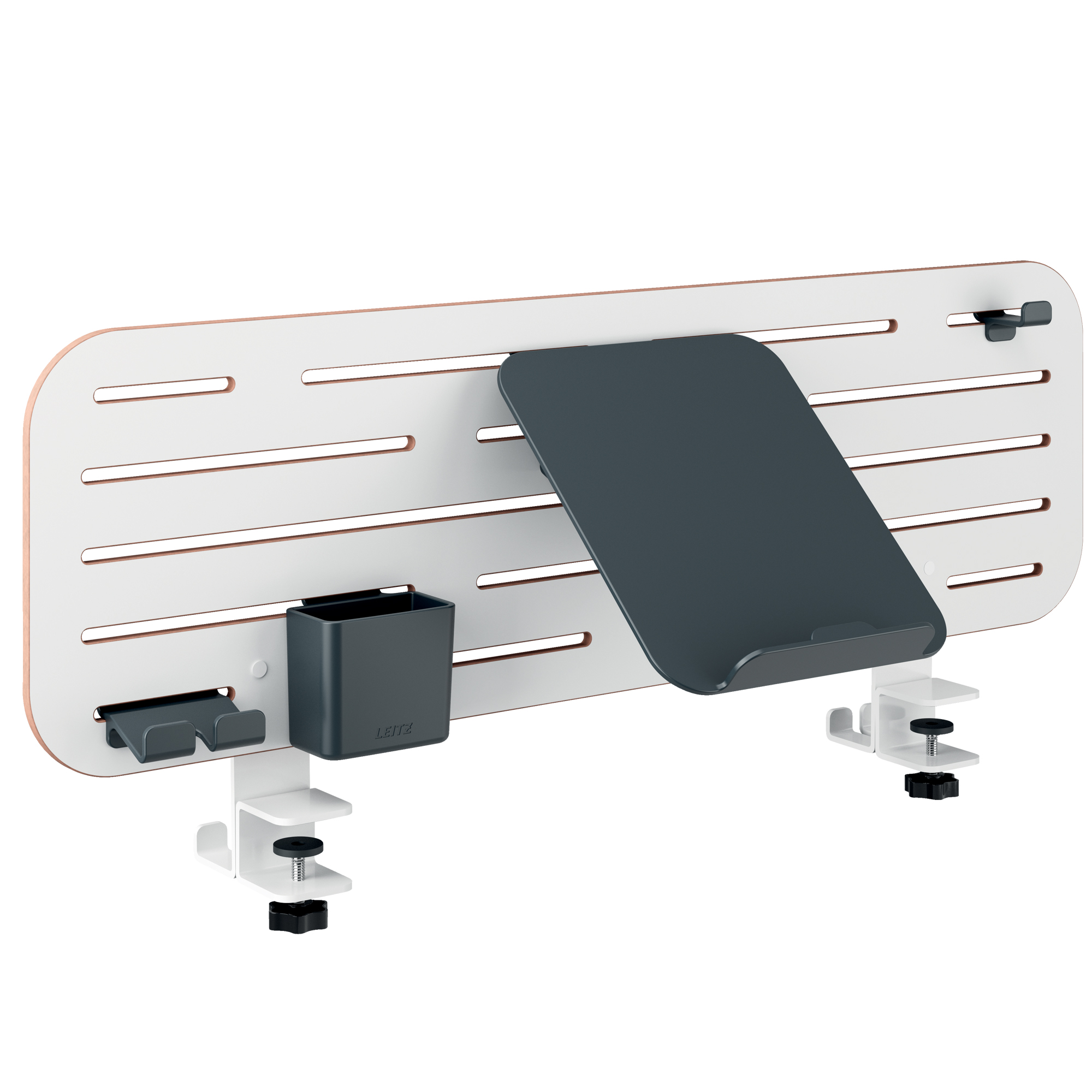 Pannello forato grande - per scrivanie compatte Sit-Stand - con supporto PC/Smartphone, portapenne e gancio - 80 x 25 x 0,8 cm - gri gio chiaro - Leitz