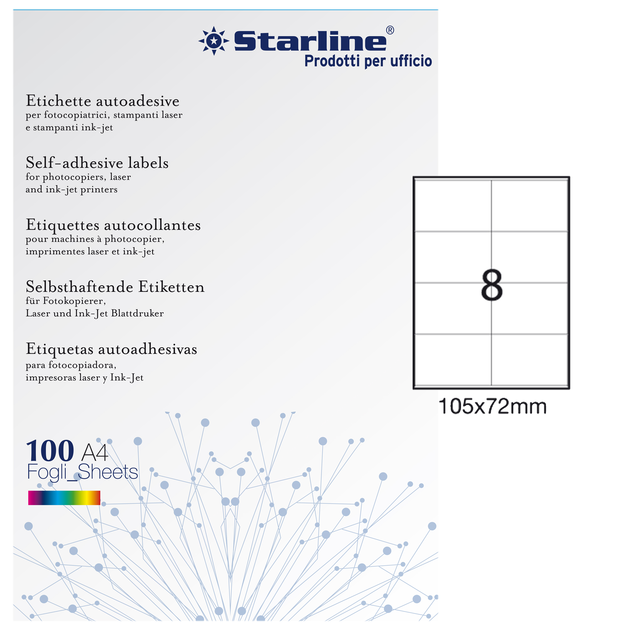 Etichette adesive - in carta - permanenti - 105 x 72 mm - 8 et/fg - 100 fogli - bianco - Starline