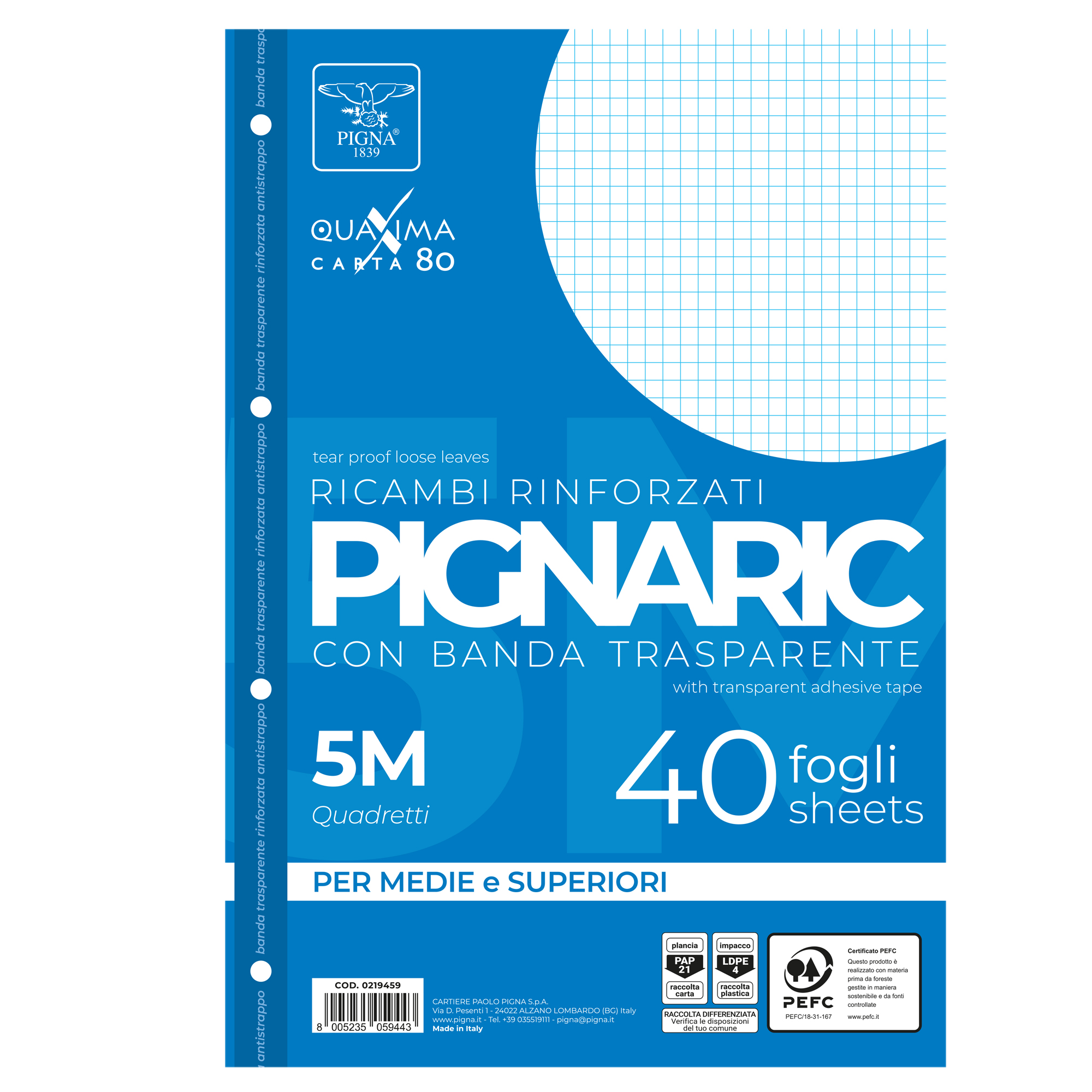 Ricambi forati rinforzati Pignaric - A4 -  5mm - 80gr - Pigna - conf. 40 pezzi