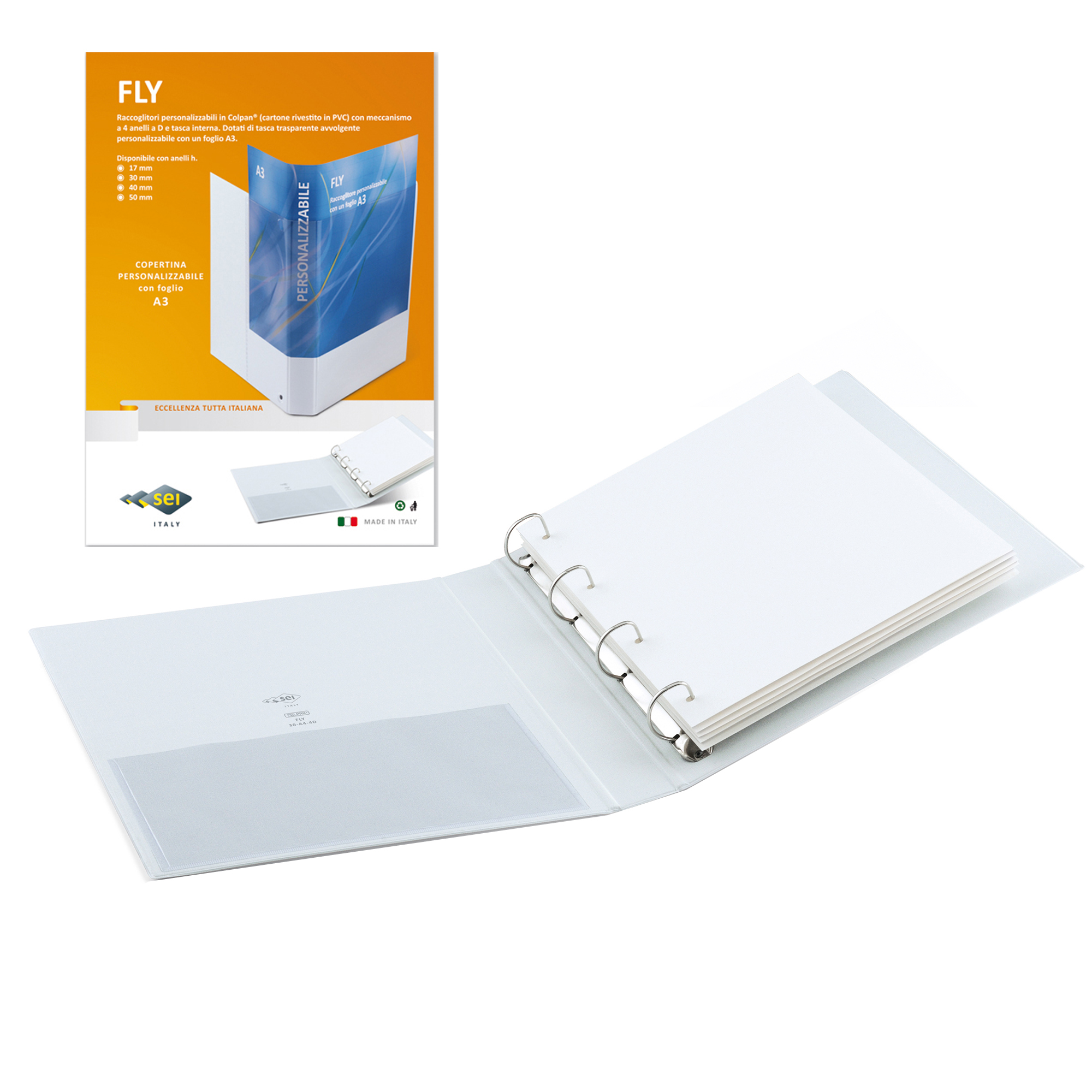 Raccoglitore personalizzabile Fly - 22 x 30 cm - 4 anelli a D 50 mm - dorso 7,5 cm - bianco - Sei Rota