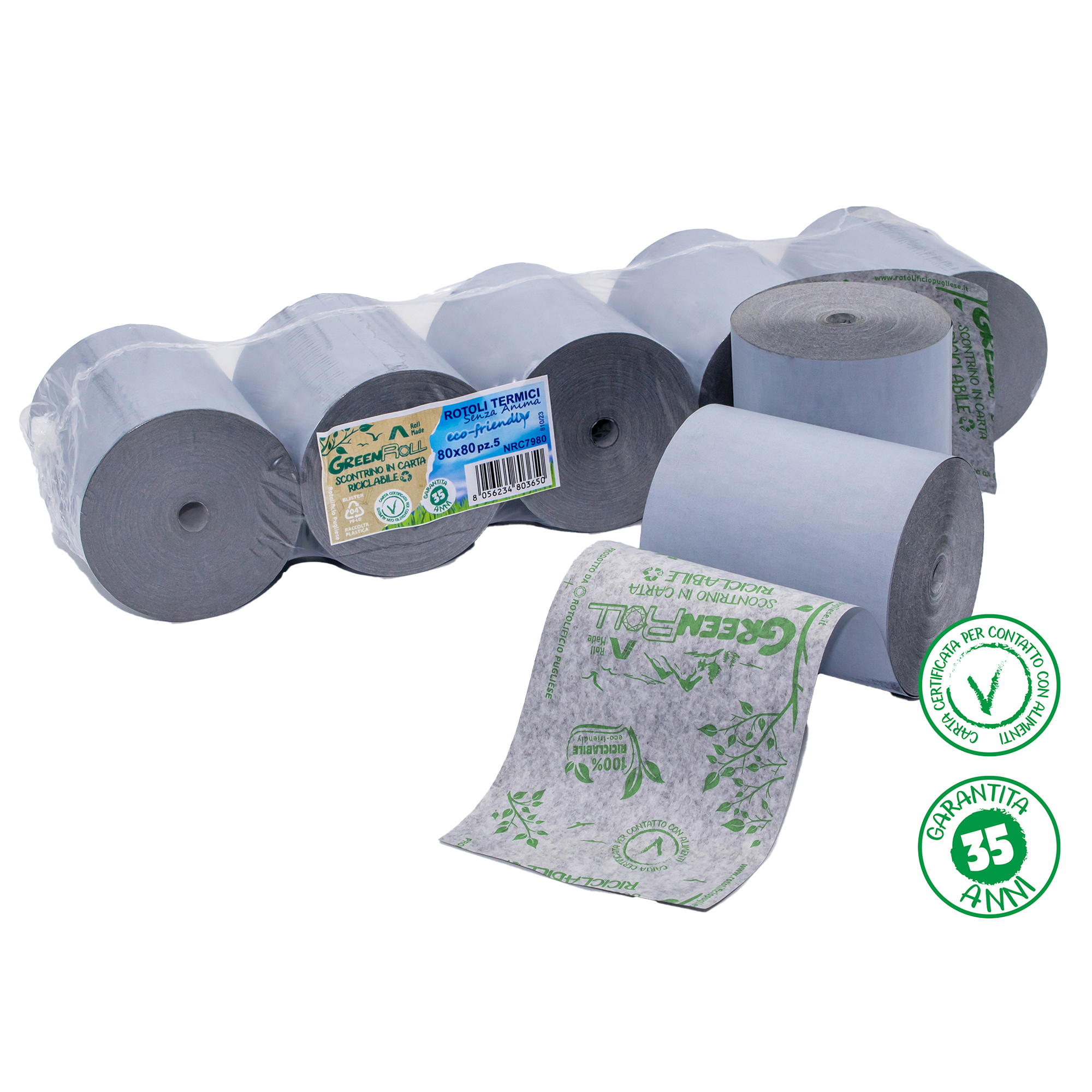Rotolo per registratori di cassa - stampa termica - 79 mm x 80 m - 48 gr - diametro esterno 78 mm - anima 12 mm - carta termica Green roll - Rotolificio Pugliese - blister 5 pezzi