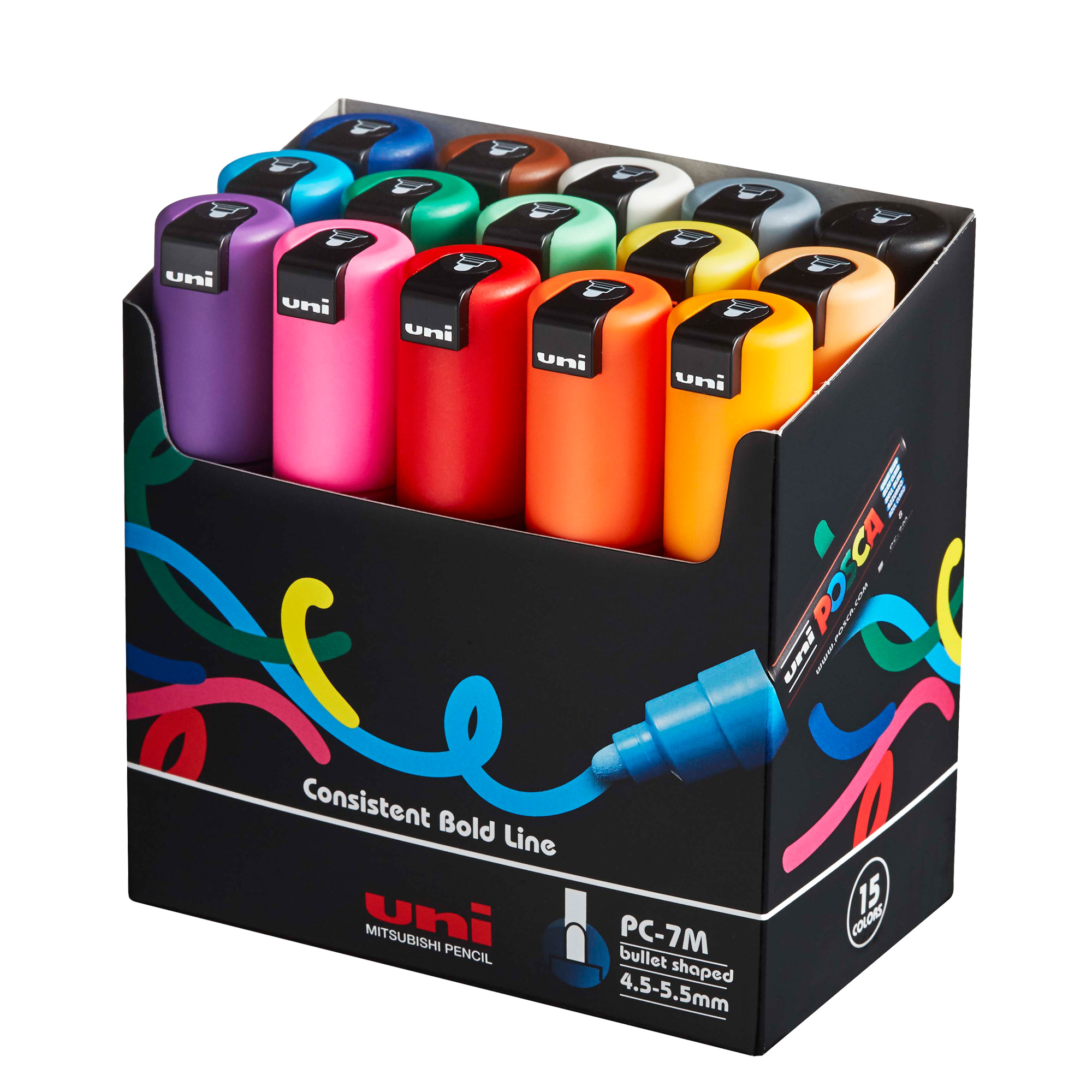 Marcatore a base d'acqua Uni Posca  PC7M - punta tonda large 4,5 mm-5,5mm - colori assortiti - Uni mitsubishi - astuccio 15 pezzi