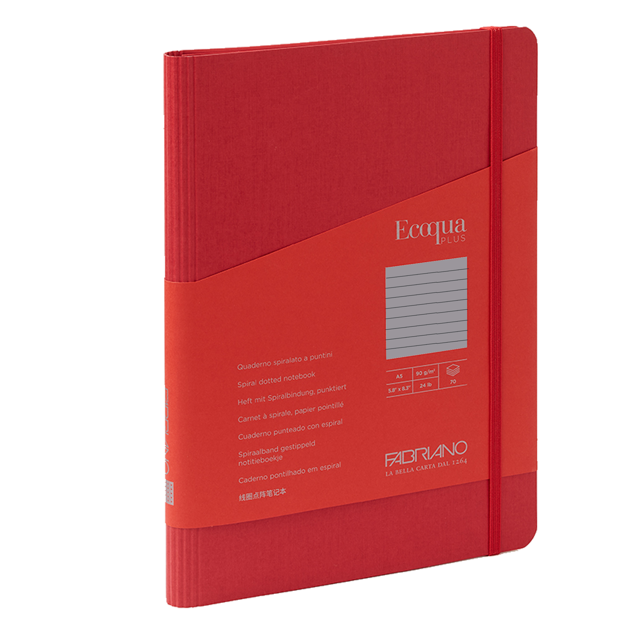 Taccuino Ecoqua Plus - con elastico - spiralato - A5 - 70 fogli - righe - lampone - Fabriano
