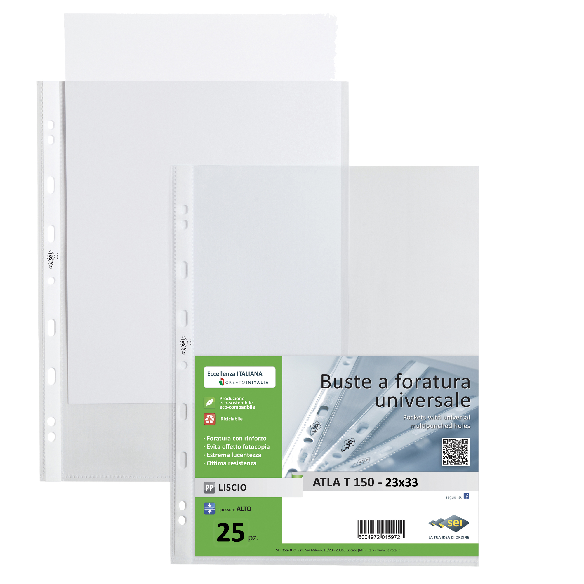 Buste forate Atla T - pesante - liscio - 23 x 33 cm - trasparente - Sei Rota - conf. 25 pezzi