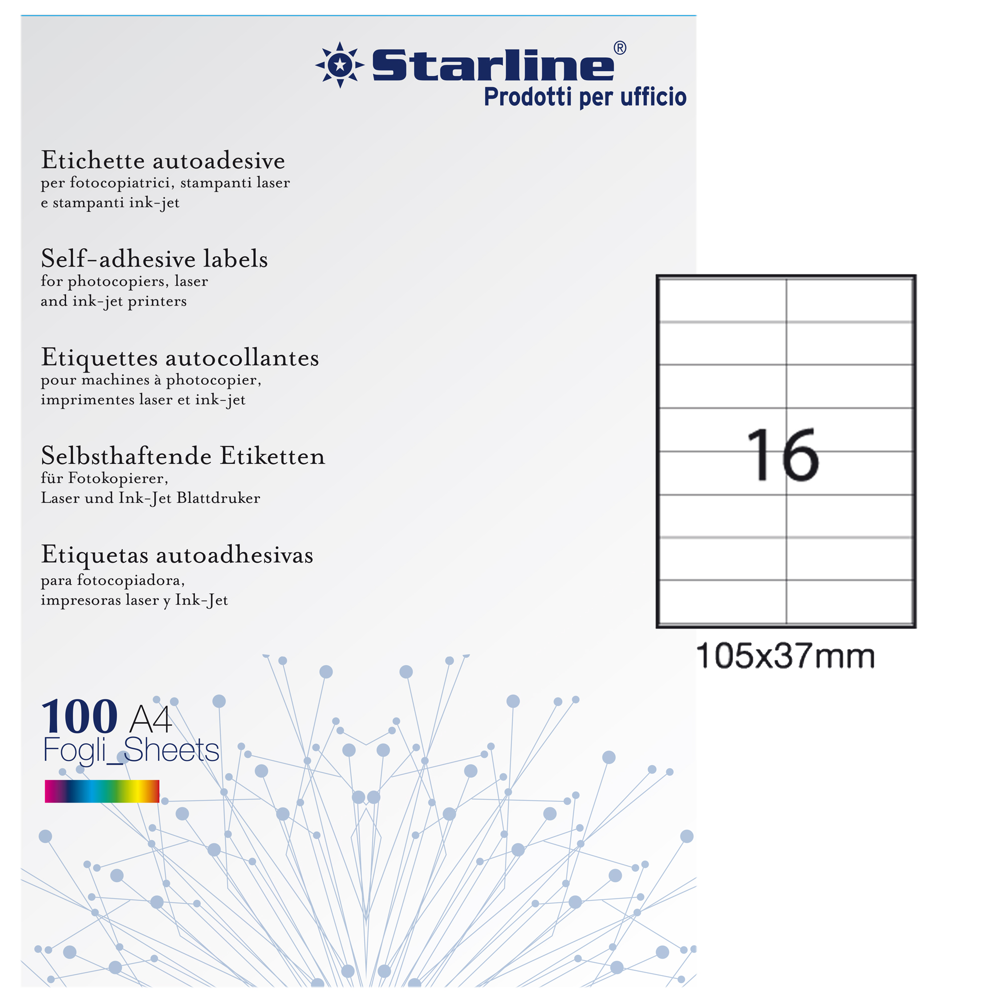 Etichette adesive - in carta - permanenti - 105 x 37 mm - 16 et/fg - 100 fogli - bianco - Starline