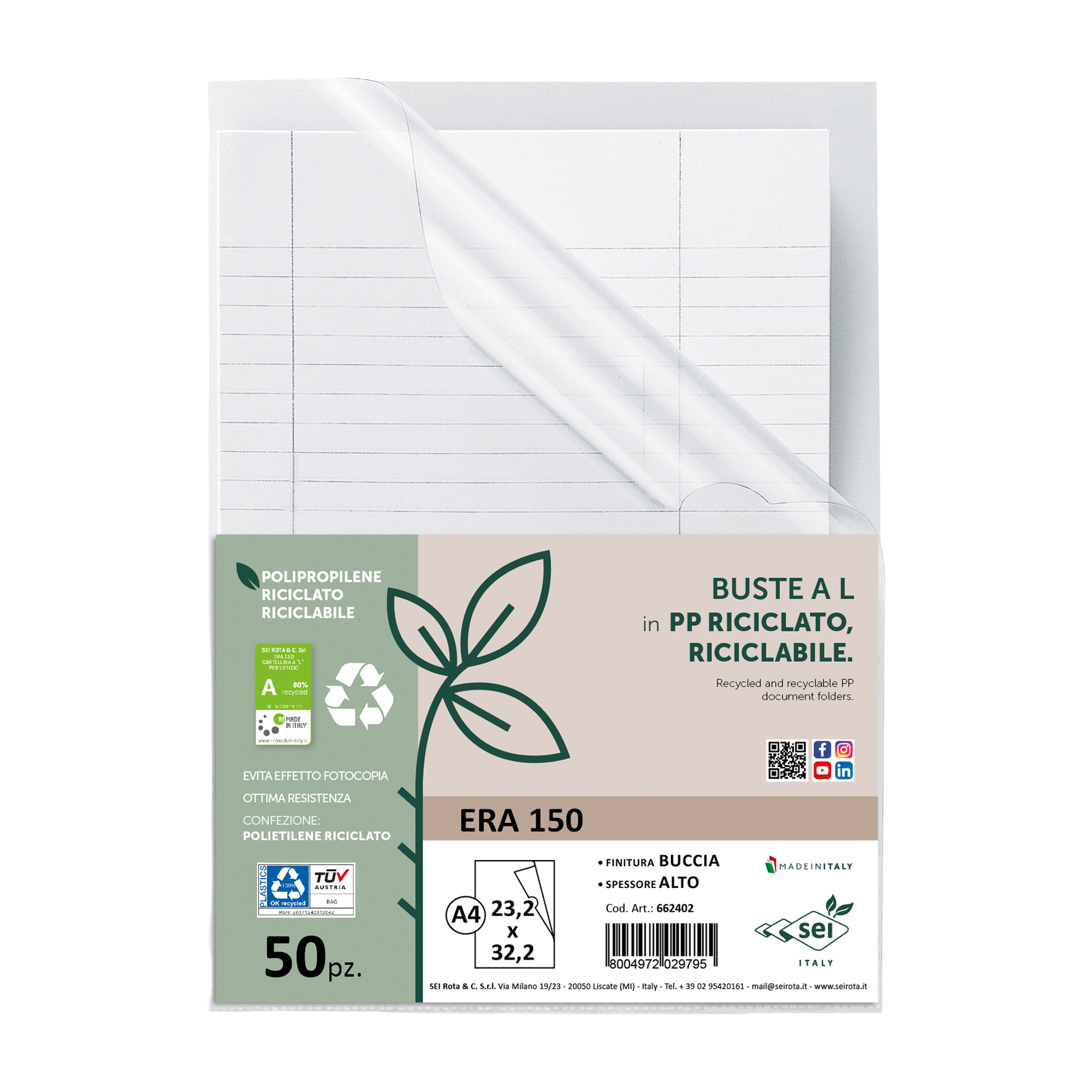 Cartellina a L Era 150 - A4 - PP riciclato - buccia pesante - Sei rota - conf. 50 pezzi