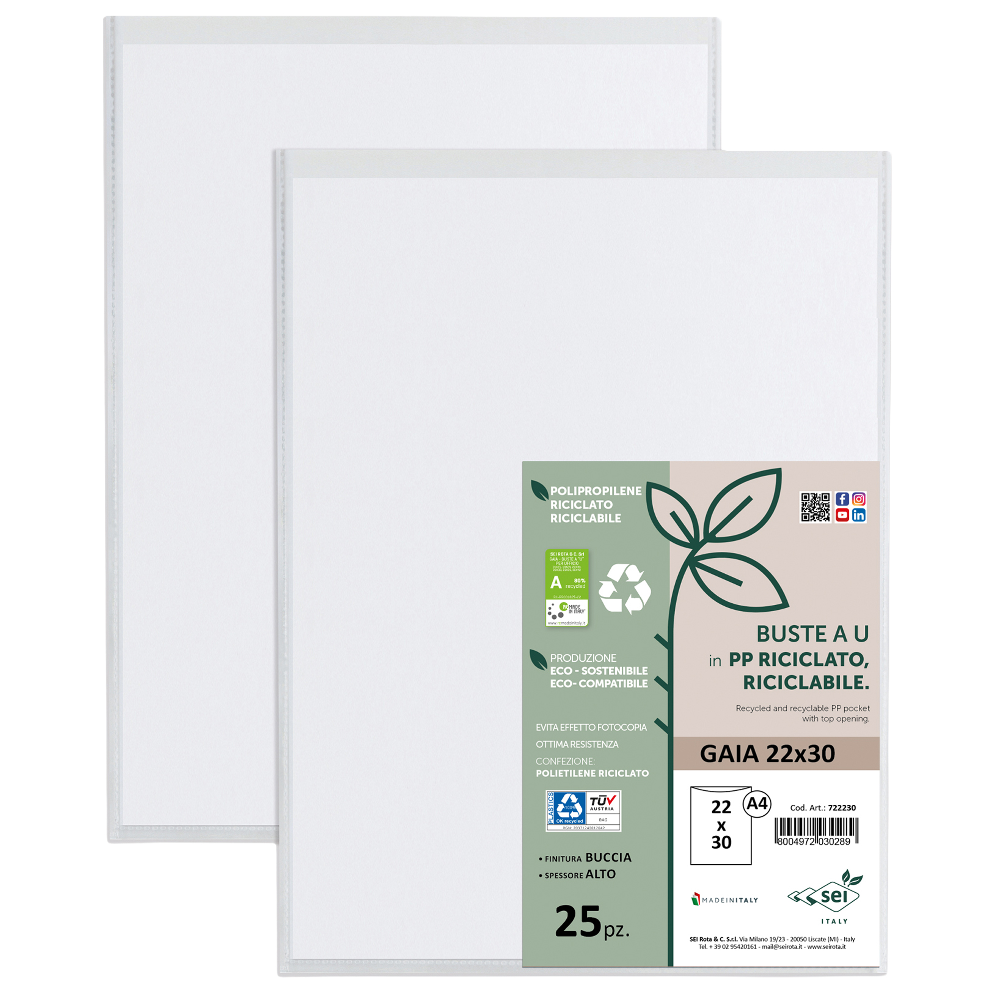 Buste a sacco Gaia - PP riciclato - 22 x 30 cm - buccia - trasparente - Sei rota - conf. 25 pezzi