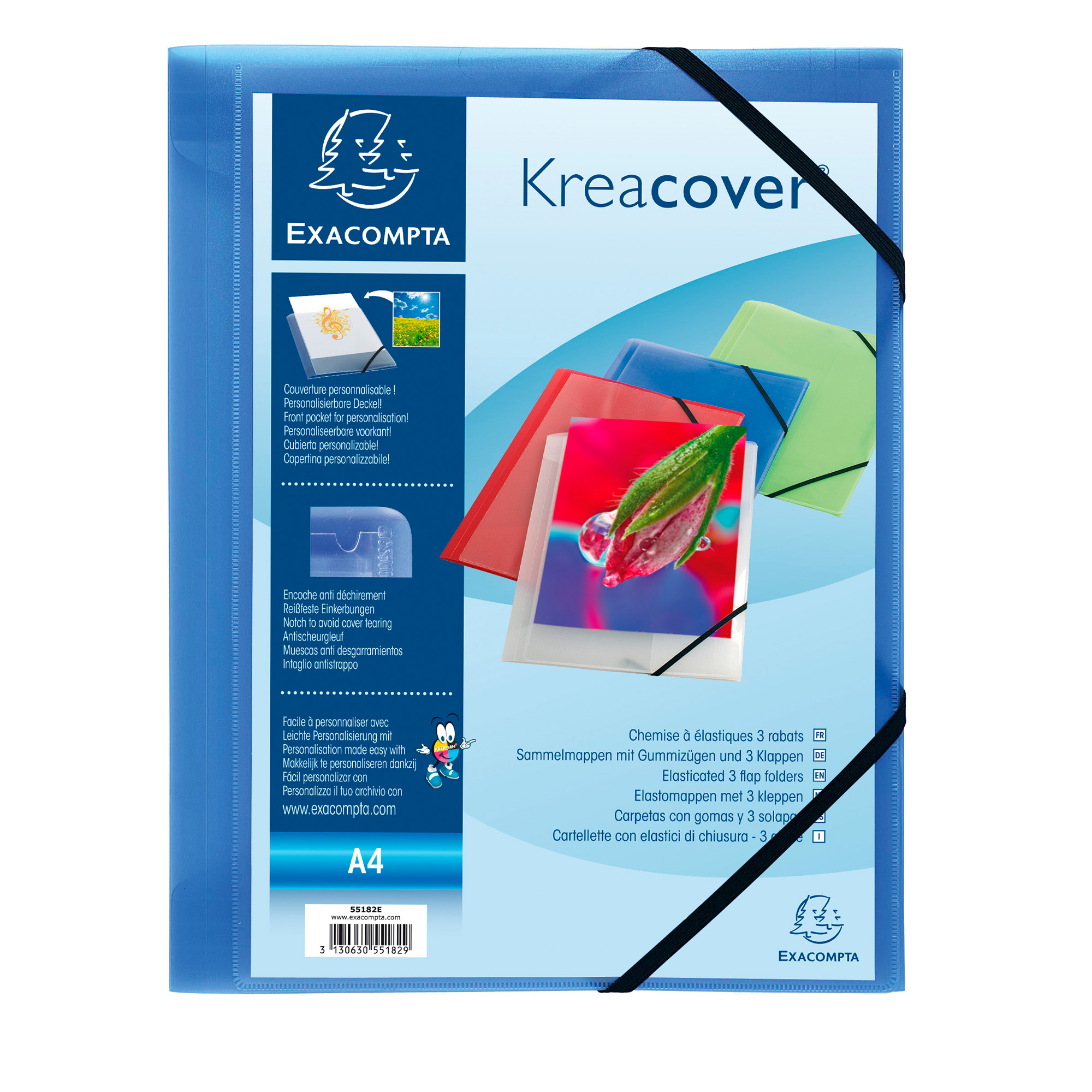 Cartella 3 lembi con elastico angolare Kreacover - A4 - dorso 1,5 cm - PP - blu trasparente - Exacompta