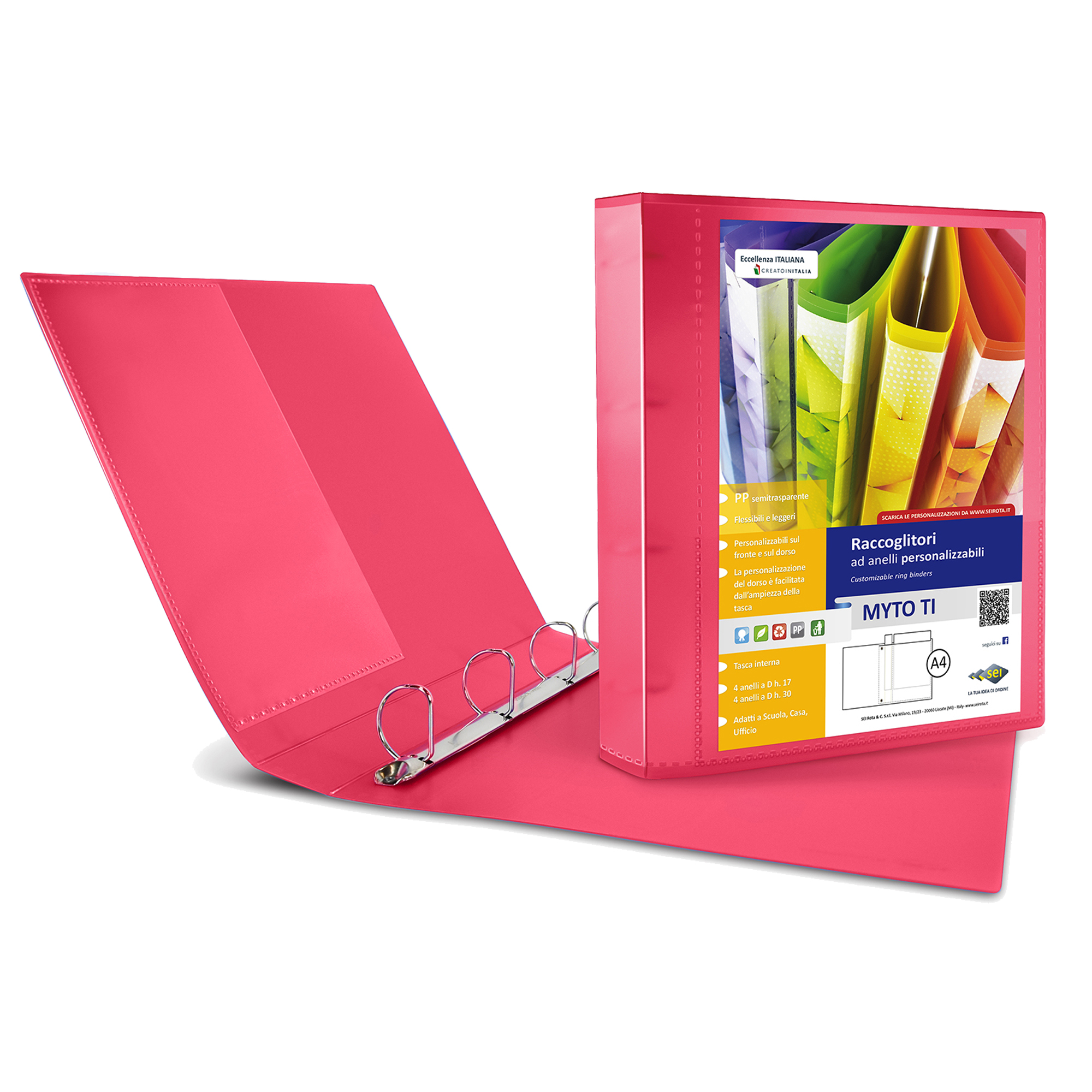 Raccoglitore personalizzabile Myto TI - 22 x 30 cm - 4 anelli a D 30 mm - dorso 4 cm - rosso - Sei Rota