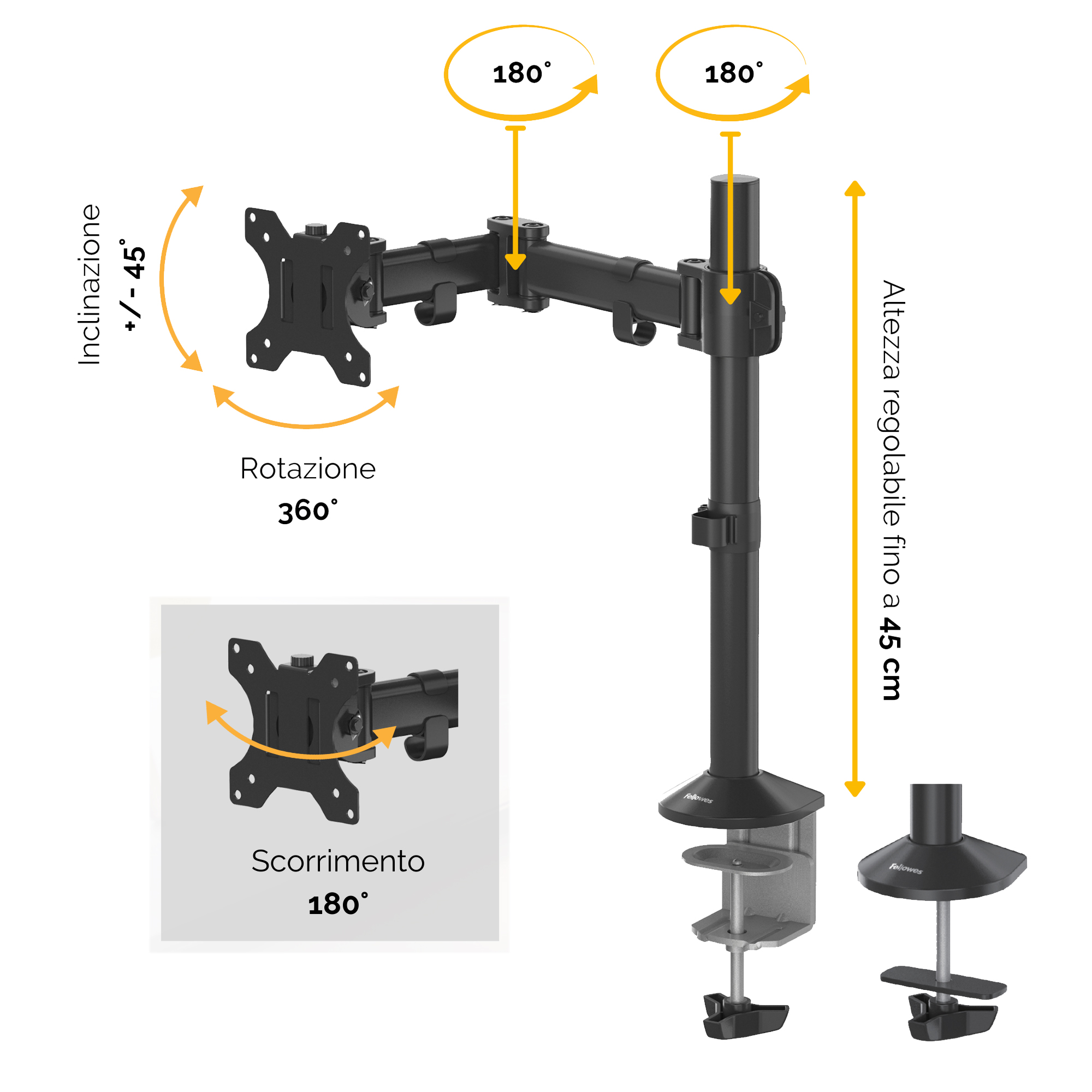 Bracci porta monitor Reflex Series - singolo - 55x11,6x49cm - Fellowes