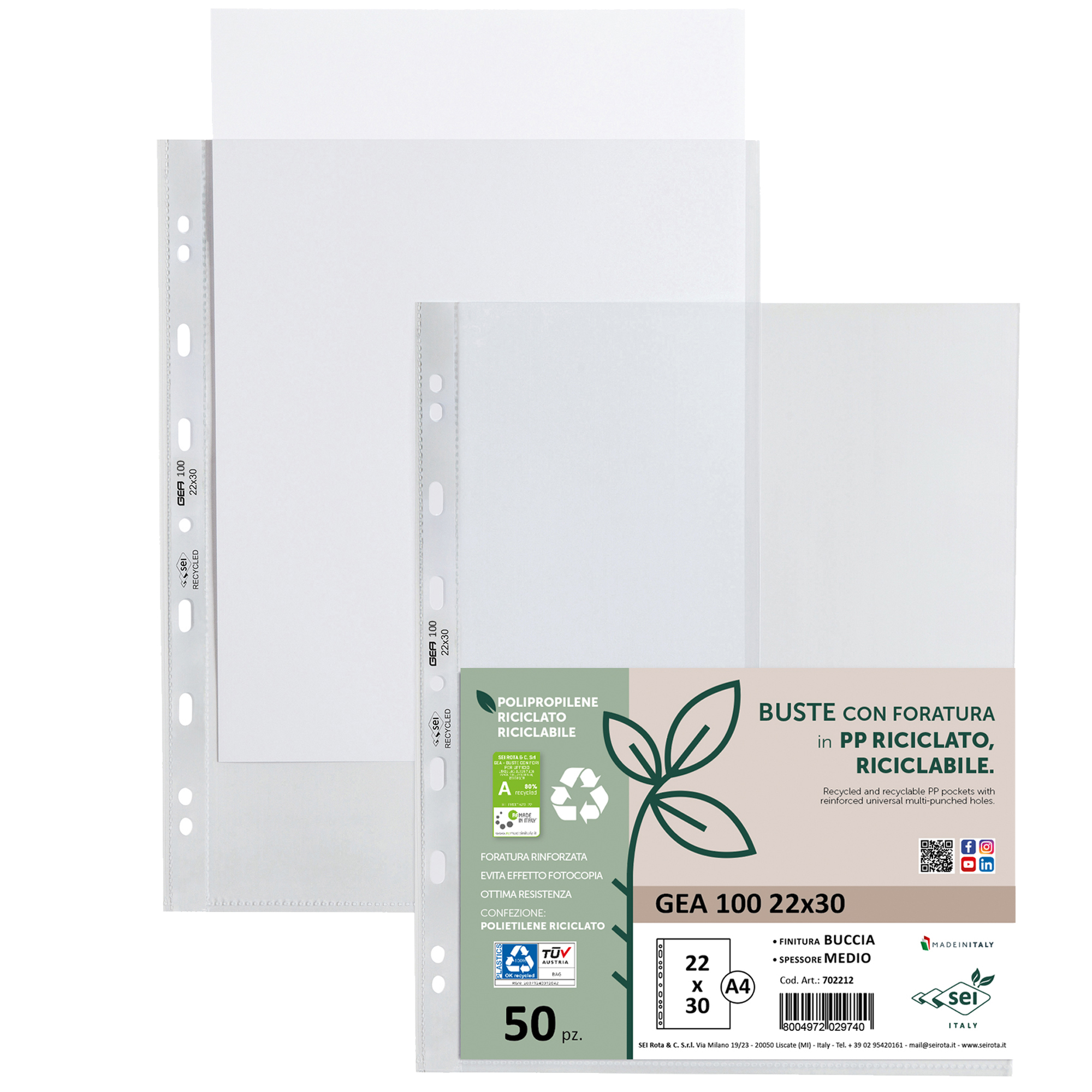 Buste forate Gea 100 - PP riciclato - buccia medium - 22 x 30 cm - Sei rota - conf. 50 pezzi