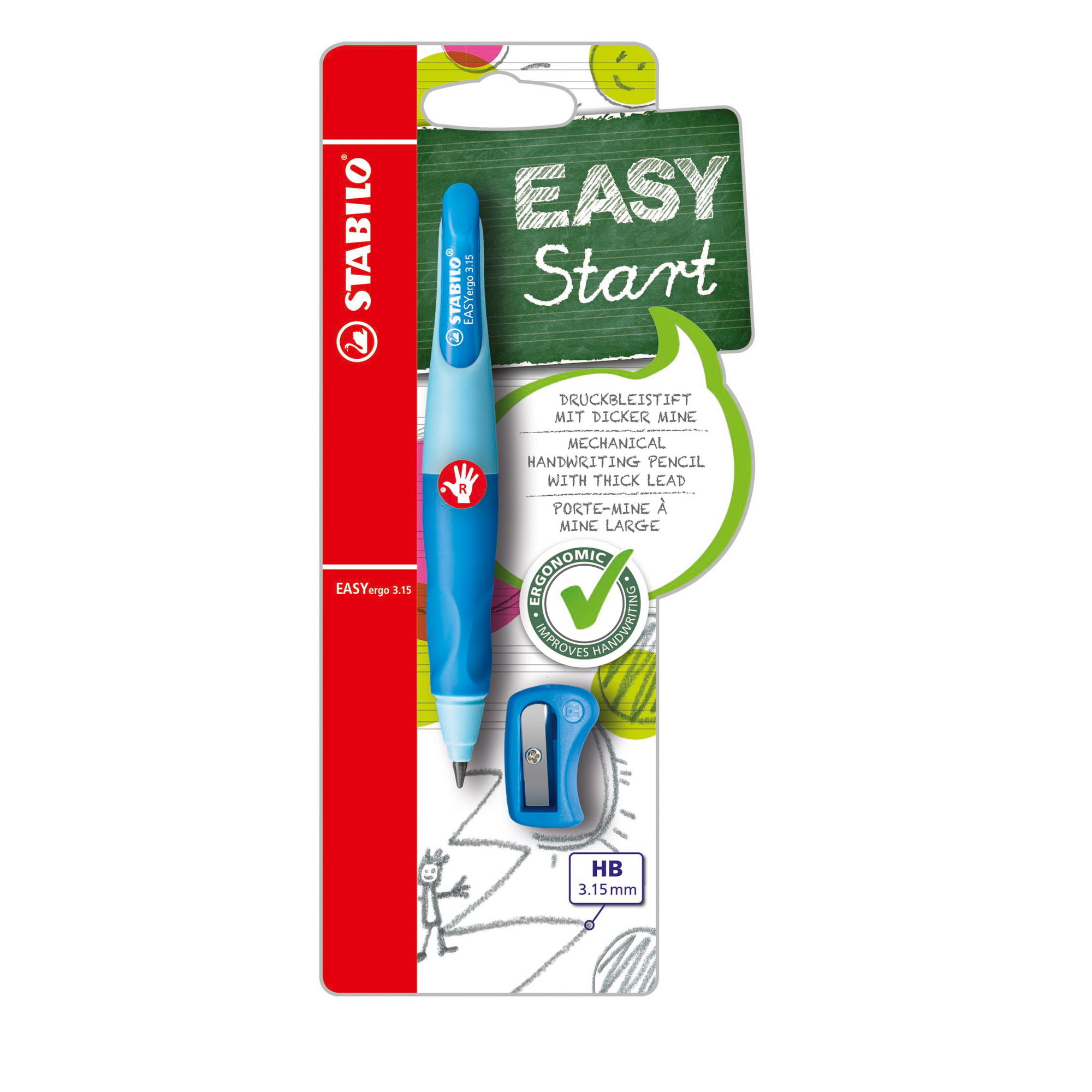 Portamine Easyergo - 3,15mm - per destrosi + affilamine - fusto azzurro - Stabilo