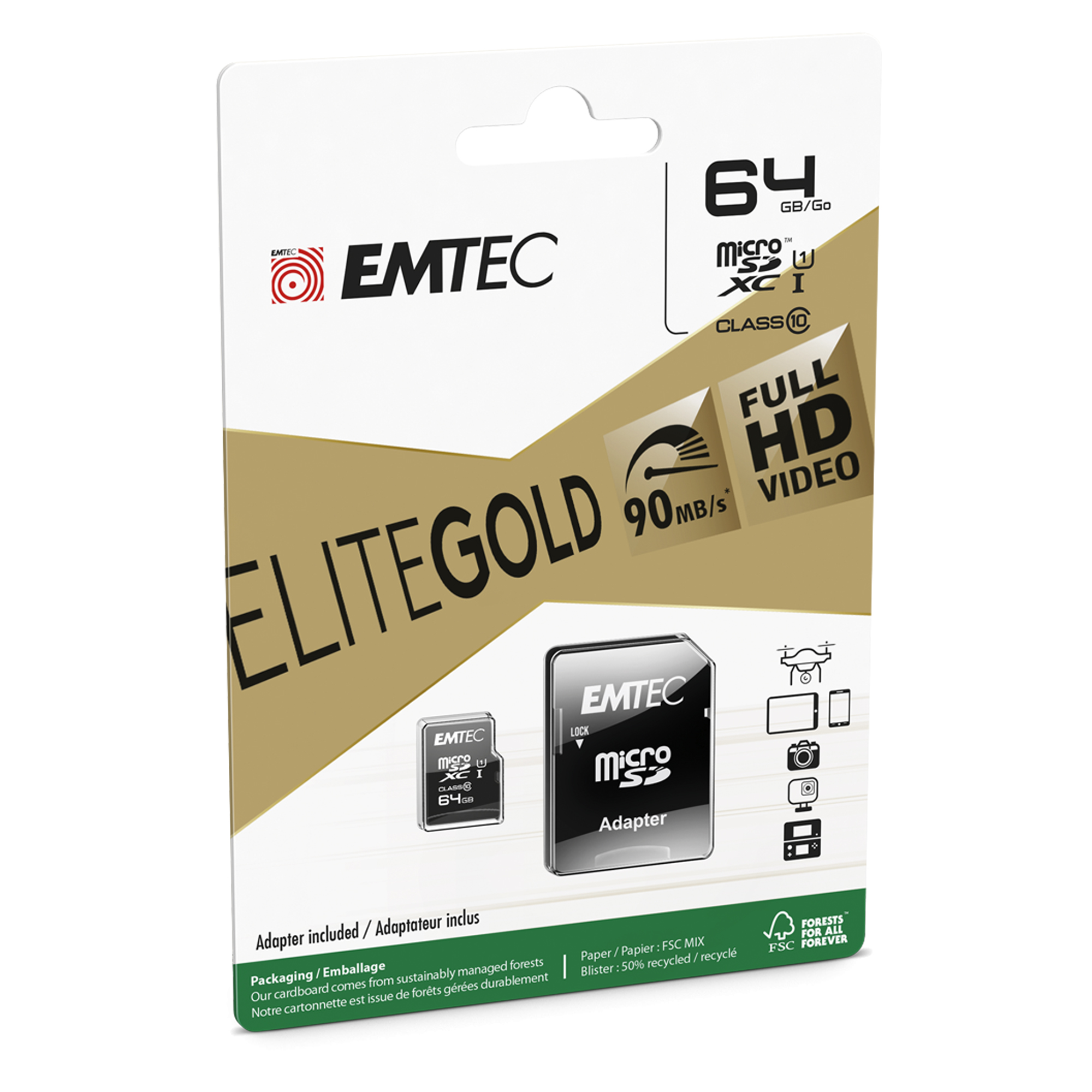 Emtec - Micro SDXC Class 10 Gold + con Adattatore - ECMSDM64GXC10GP - 64GB