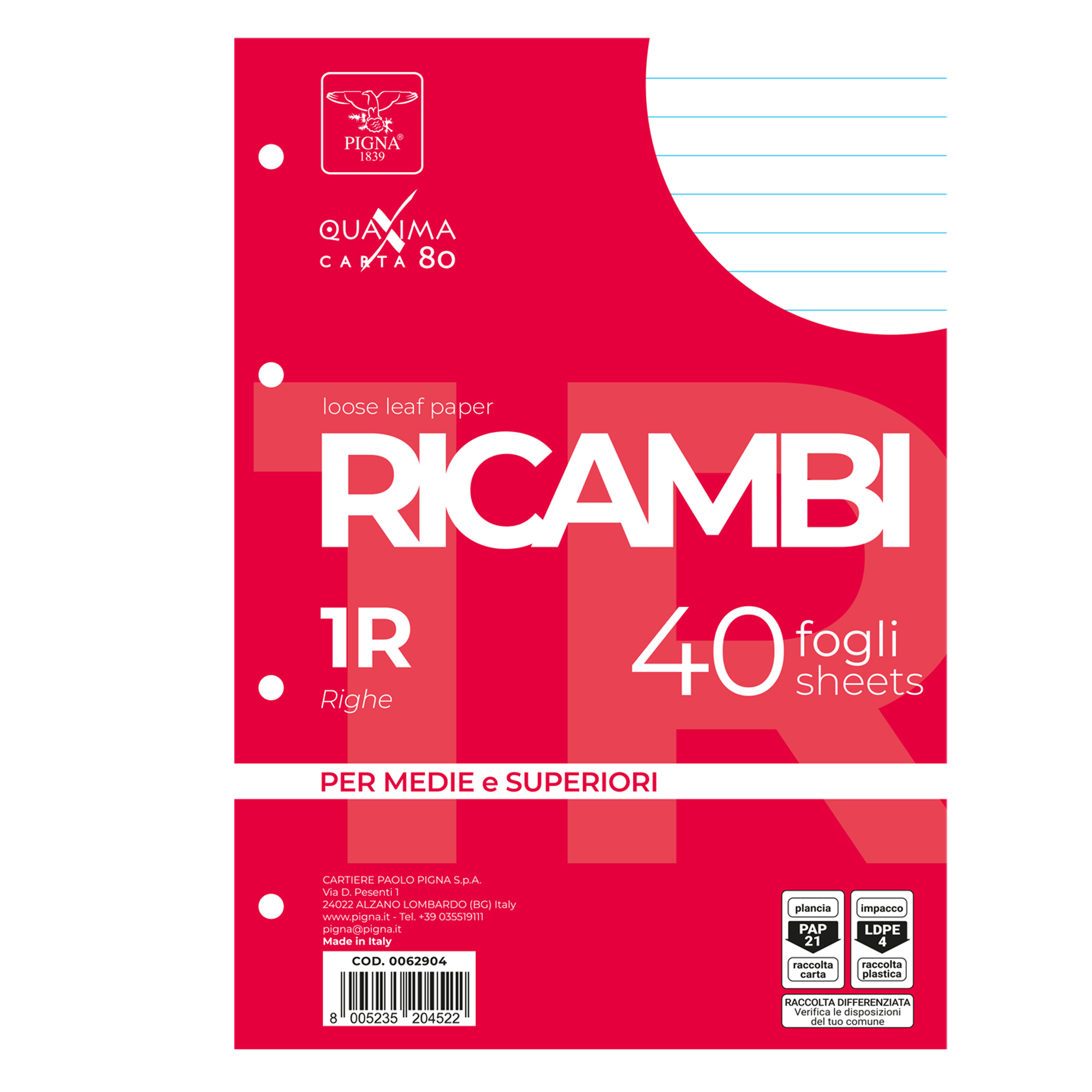 Ricambi forati Quaxima - A4 - 1 rigo - 80 gr - Pigna - conf. 40 pezzi